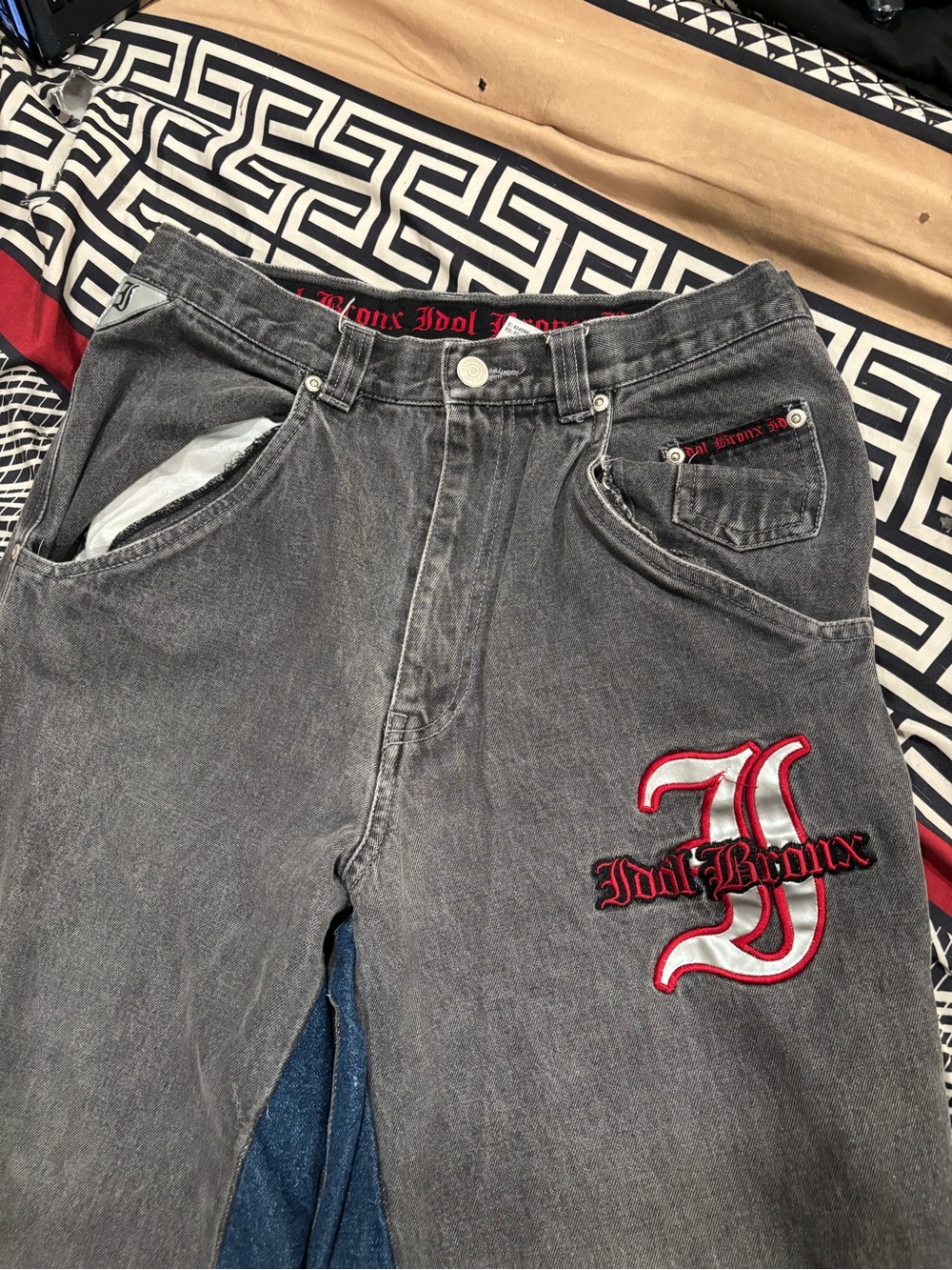 Bronx Men's Gray Jeans with Red & White Logo Patch